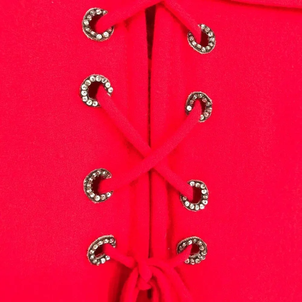 70’s Vintage Bill Blass Red Neiman Marcus Crisscross Lace Up Elbow Sleeve Dress - Picture 3 of 16